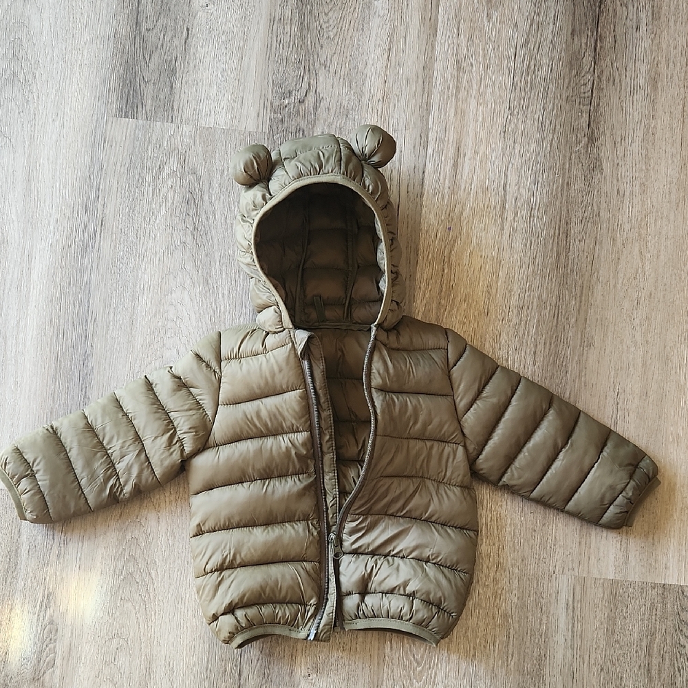 Toddler Olive Green Puffer Jacket with Bear Ears